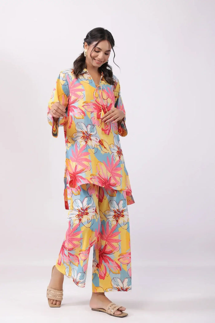 Vibrant Aster Cotton Palazzo Loungewear Set