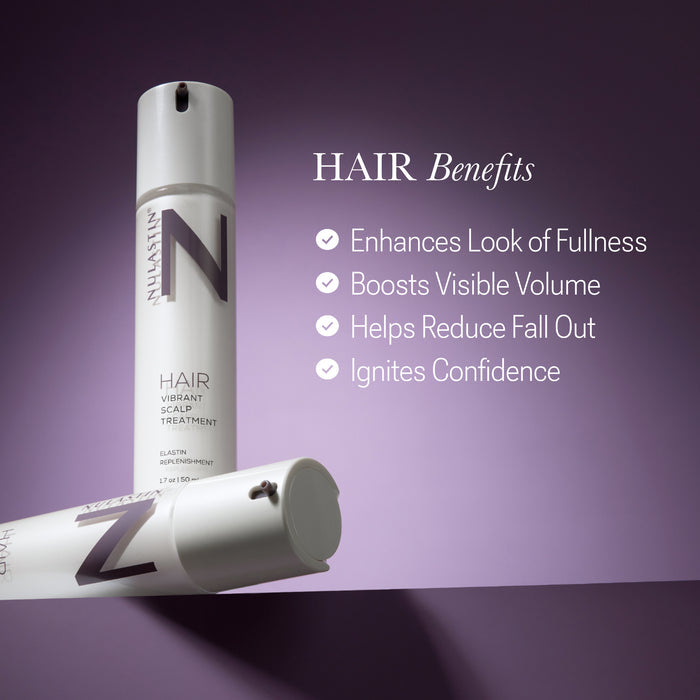 Product shot of Vibrant Scalp Treatment 2-pack showing overlaid benefits: minimizes fallout, fortifies follicles, thickens hair