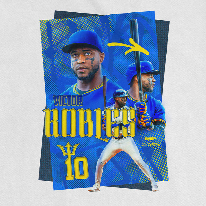 Colorful baseball-themed poster featuring Victor Robles in a blue uniform, with multiple images of him holding a bat.