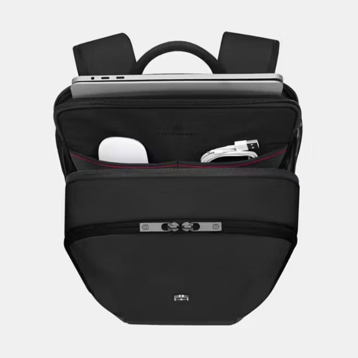 Victorinox Altmont Modern Compact Backpack color Black top view of inside with laptop mouse and cords
