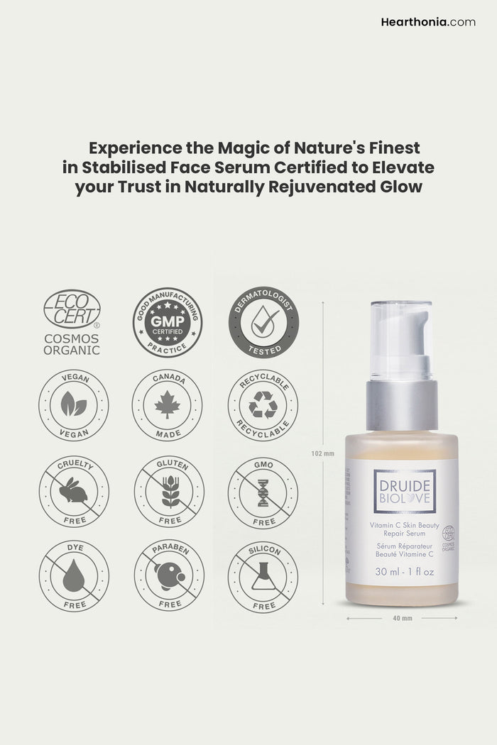 Druide Biolove Organic Vitamin C Serum bottle, along with icons of COSMOS ORGANIC, Good Manufacturing Practice, Dermatologist tested, Vegan, Canada made, recyclable, cruelty free, gluten free, GMO free, Dye free, paraben free, silicon free, and text experience the magic of nature's finest in stabilised face serum certified to elevate your trust in naturally rejuvenated glow.