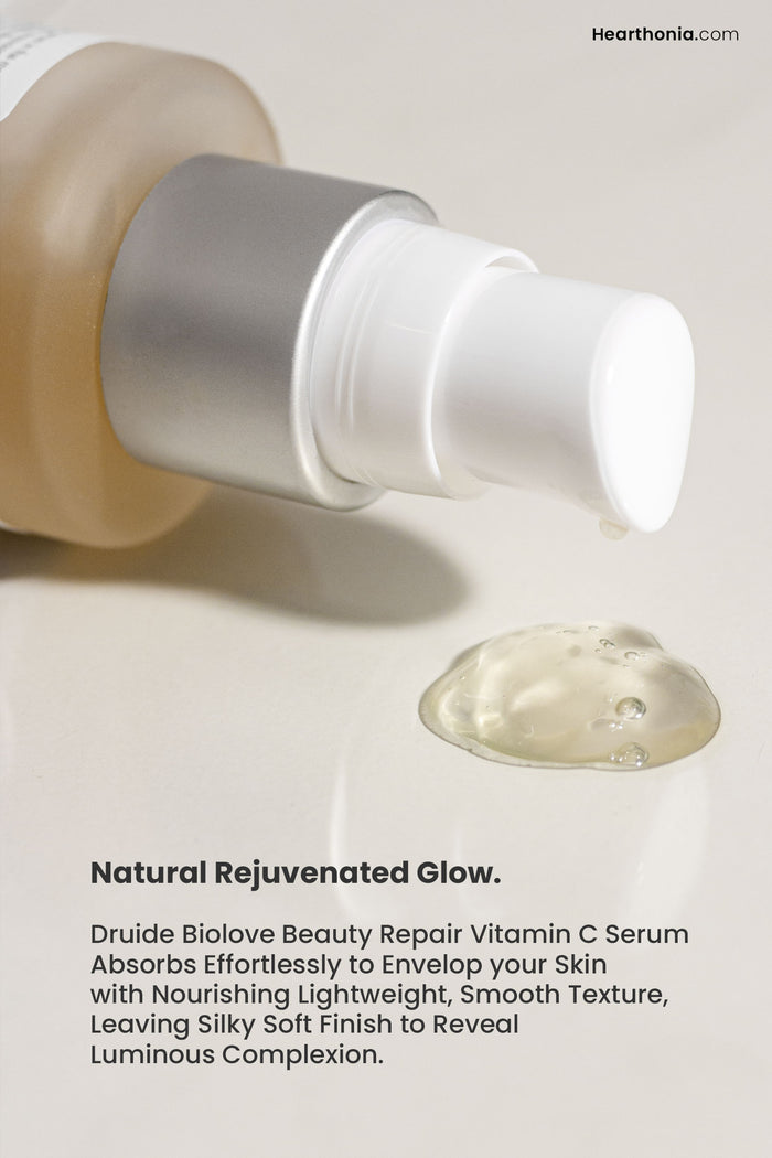 Druide Biolove Organic Vitamin C Serum glass bottle with dispensed light natural colour serum sample squeezed out.