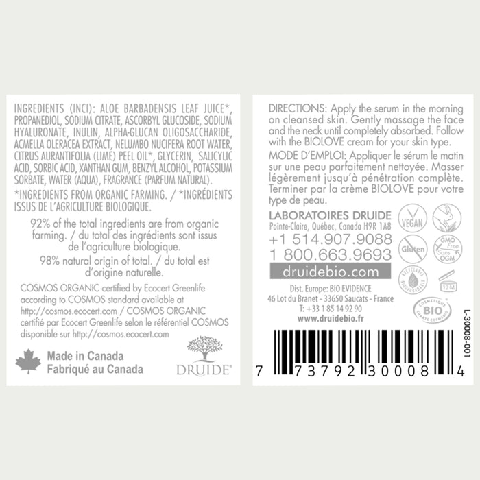 Druide Biolove Organic Vitamin C  Serum packaging label with product ingredients, certifications, usage directions and origin.