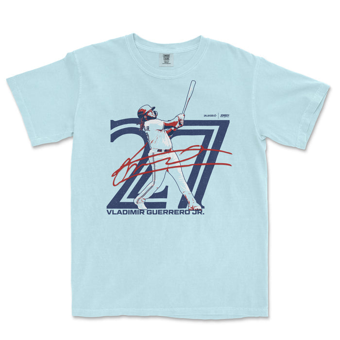Light blue T-shirt featuring Vlad Guerrero Jr. in a batting pose, with his signature and "Vlad Guerrero Jr. Signature Series" text.