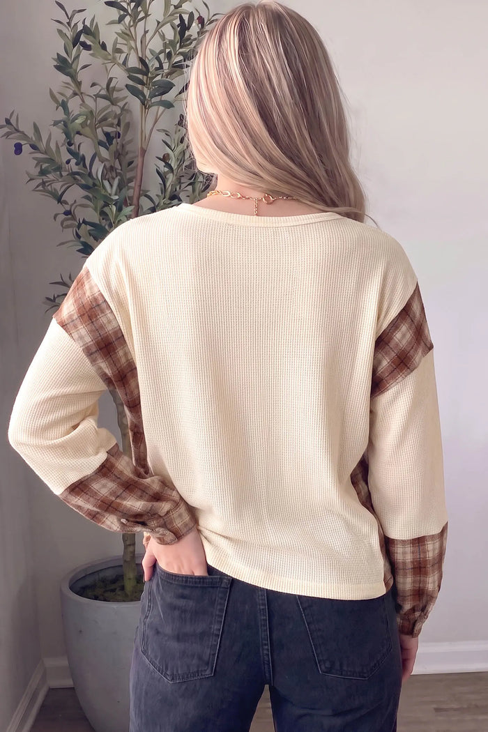 Waffle Textured V Neck Plaid Colorblock Drop Shoulder Long Sleeve Top – Beige