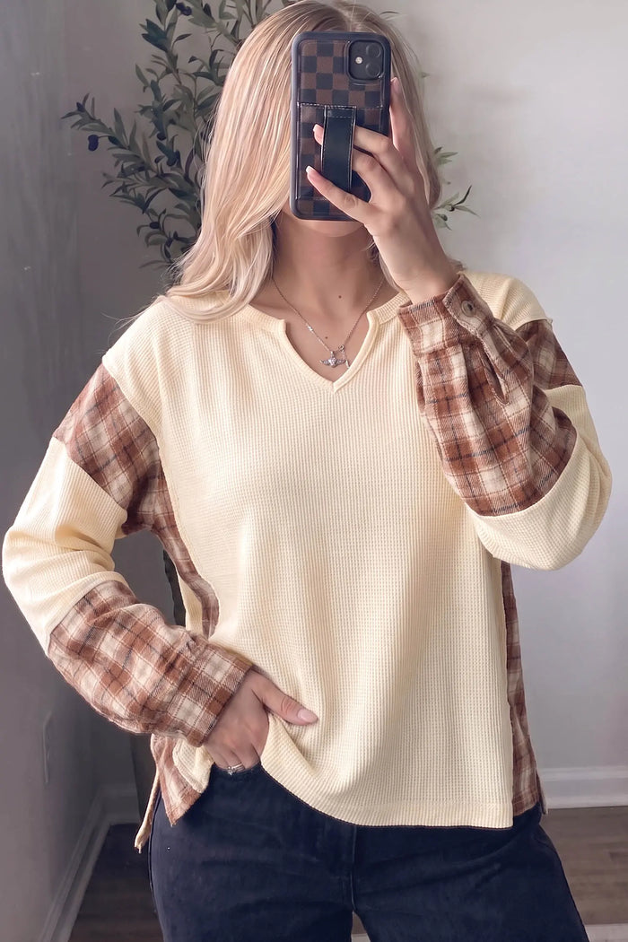Waffle Textured V Neck Plaid Colorblock Drop Shoulder Long Sleeve Top – Beige