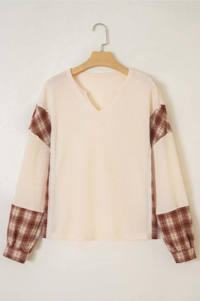 Waffle Textured V Neck Plaid Colorblock Drop Shoulder Long Sleeve Top – Beige