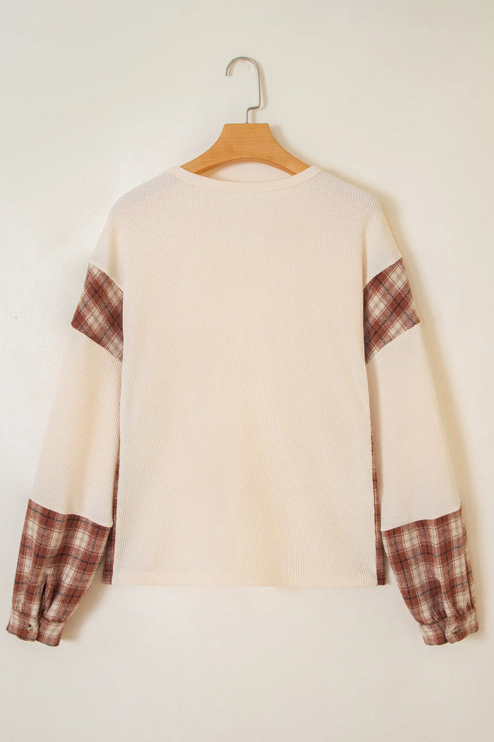 Waffle Textured V Neck Plaid Colorblock Drop Shoulder Long Sleeve Top – Beige
