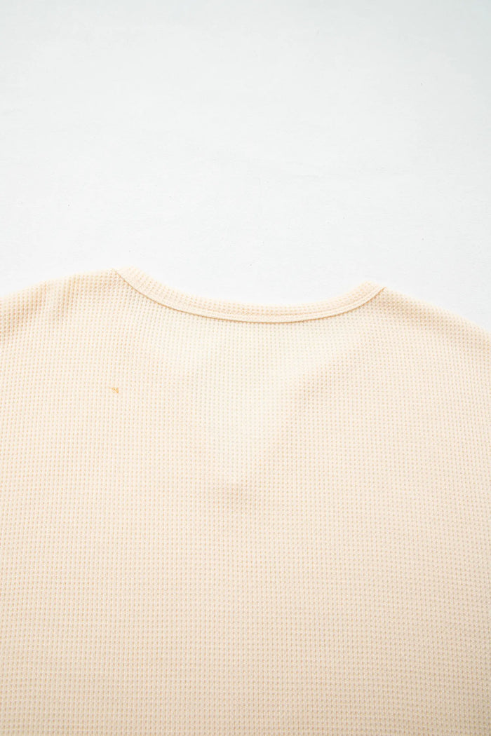 Waffle Textured V Neck Plaid Colorblock Drop Shoulder Long Sleeve Top – Beige