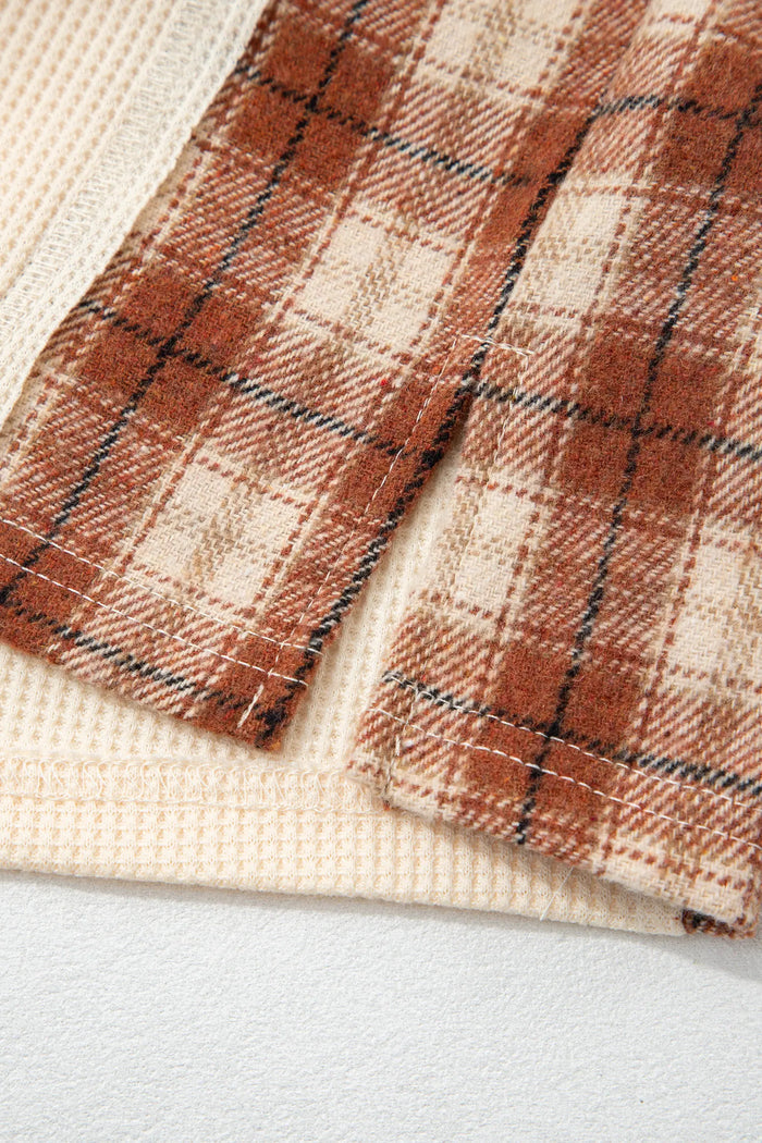 Waffle Textured V Neck Plaid Colorblock Drop Shoulder Long Sleeve Top – Beige