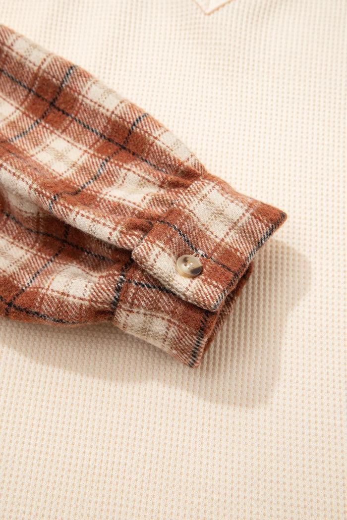Waffle Textured V Neck Plaid Colorblock Drop Shoulder Long Sleeve Top – Beige