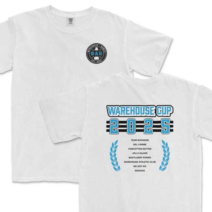 White T-shirt with "Warehouse Cup 2025" logo on front and back, featuring team names and blue laurel wreaths.