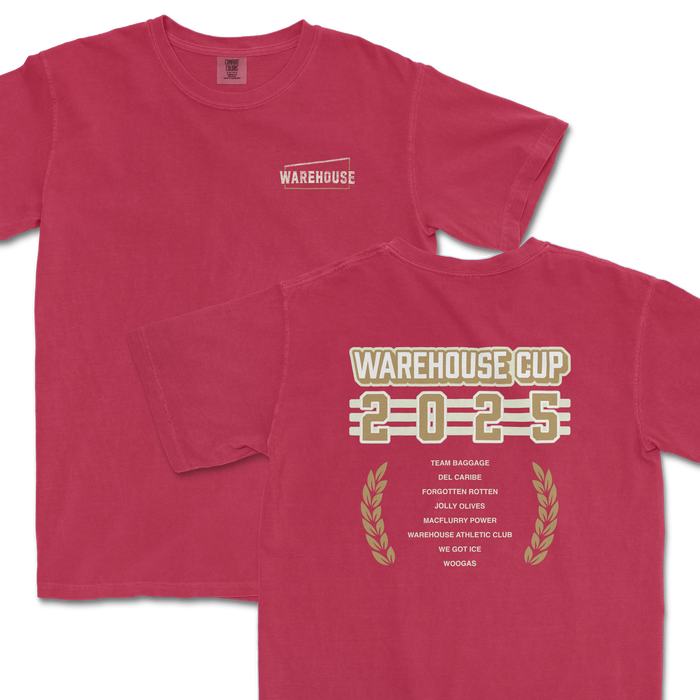 Red Warehouse Cup T-shirt with "Warehouse" logo on front and "Warehouse Cup 2025" design with team names on back.