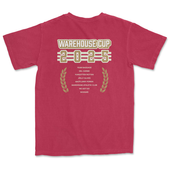 Back of a red Warehouse Athletic Club T-shirt with "Warehouse Cup 2025" text, team names, and laurel graphics.