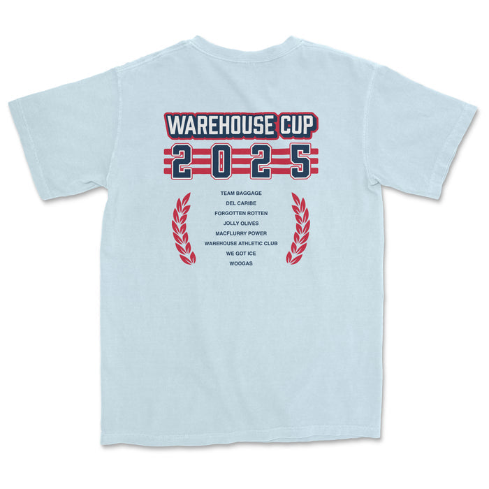 Back of a light blue T-shirt featuring "Warehouse Cup 2025" text, team names, and red laurel wreath graphics.