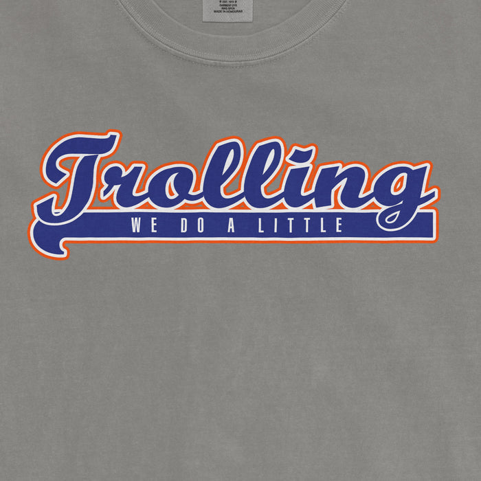 Gray T-shirt with bold blue and orange text that reads "Trolling" and smaller text underneath saying "We Do A Little.