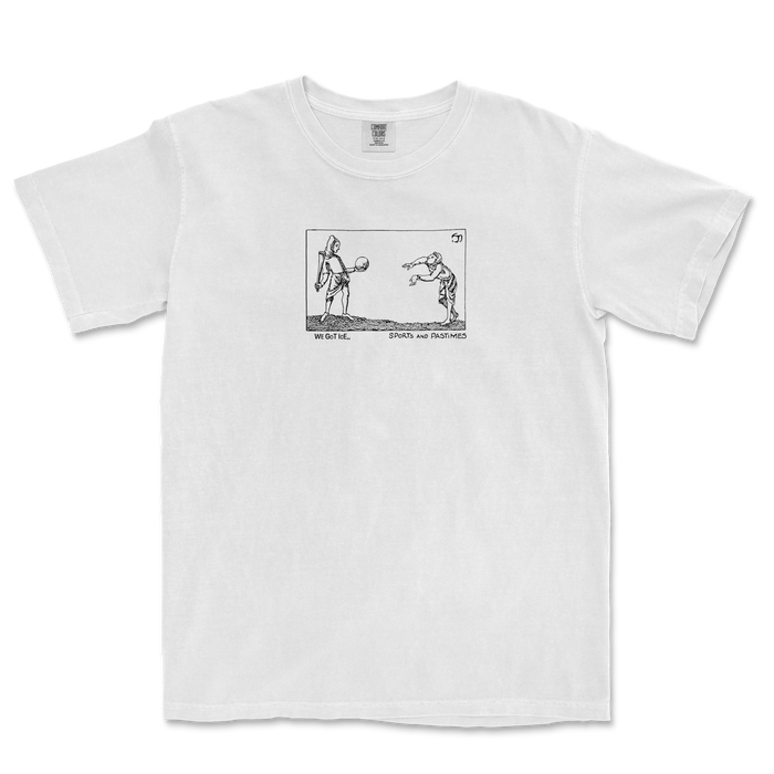 White T-shirt featuring a black line drawing of two medieval figures playing ice sports, with the caption "We got ice, sports and pastimes.