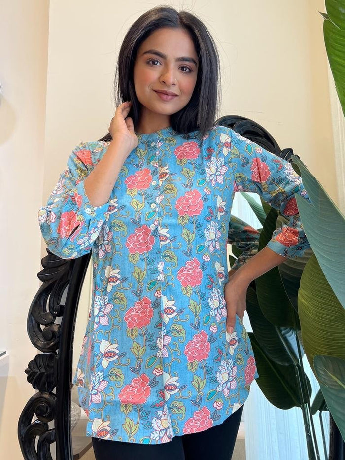Weekend Rayon Short Kurta- Light Blue Floral
