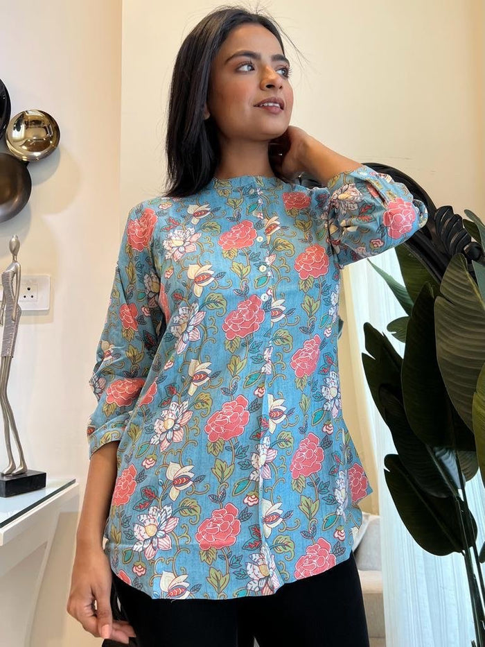 Weekend Rayon Short Kurta- Light Blue Floral