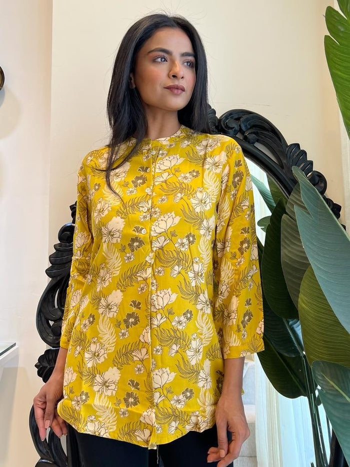 Weekend Rayon Short Kurta- Mustard Floral