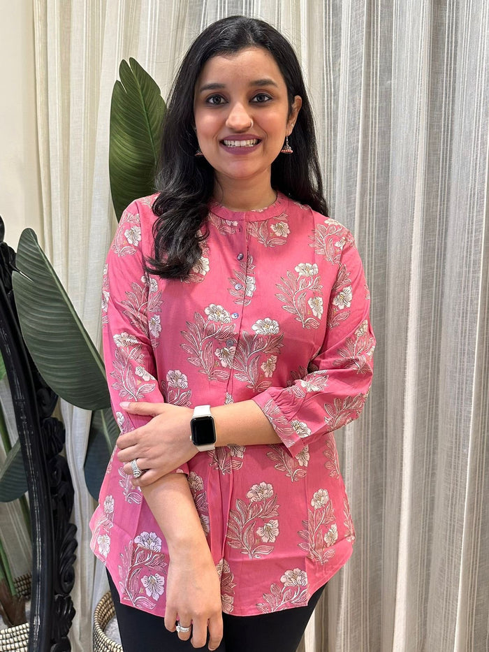 Weekend Rayon Short Kurta- Pink Flower Boota
