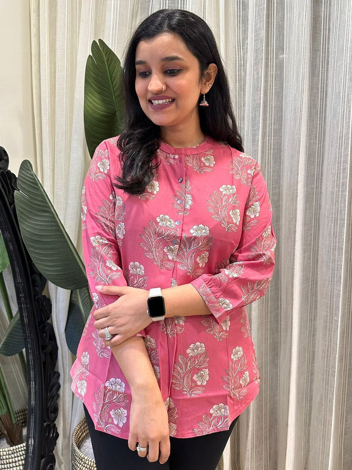 Weekend Rayon Short Kurta- Pink Flower Boota