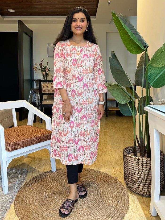 Weekend Round Neck Kurta- Off white Ikkat Print