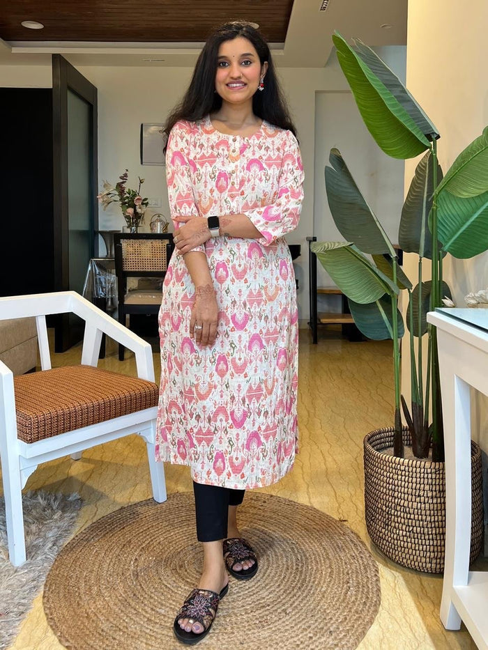 Weekend Round Neck Kurta- Off white Ikkat Print