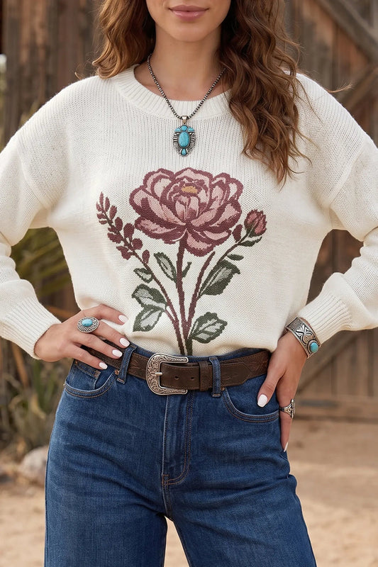 Western Floral Dropped Shoulder Lightweight Knit Sweater – White