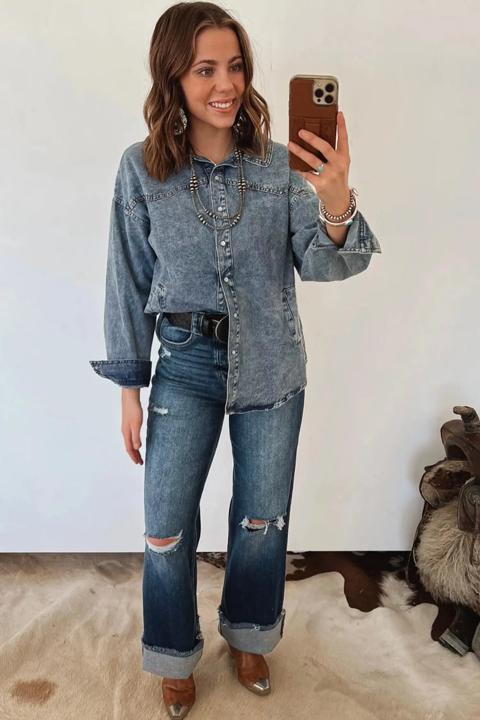 Western Long Sleeve Shirt Collar Tunic Denim Jacket – Dusk Blue