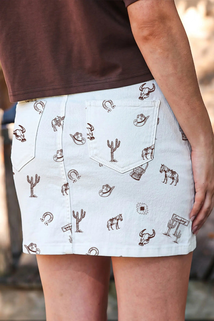 Western Print Cactus Horse Bull Denim Skirt – White