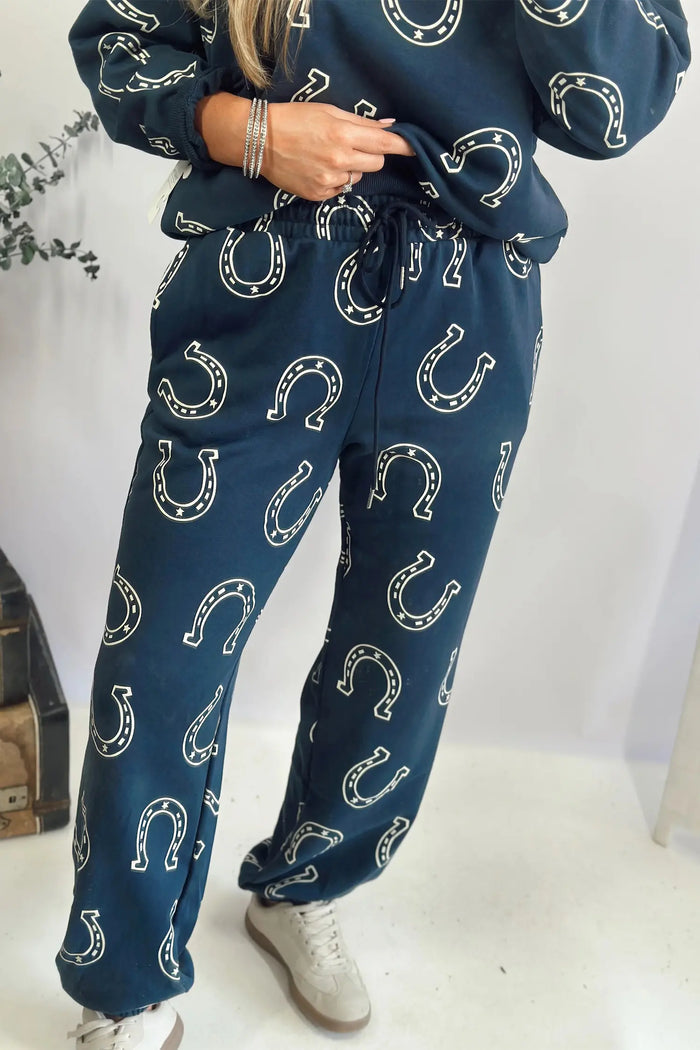 Western Print Elastic Waist Pocket 2pcs Pant Set – Blue