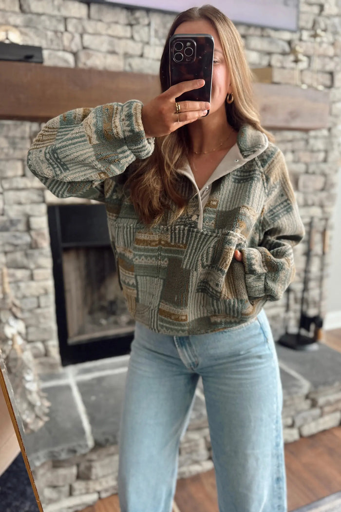 Western Print Fleece Pullover Long Sleeve Casual Fit Sweatshirt – Green