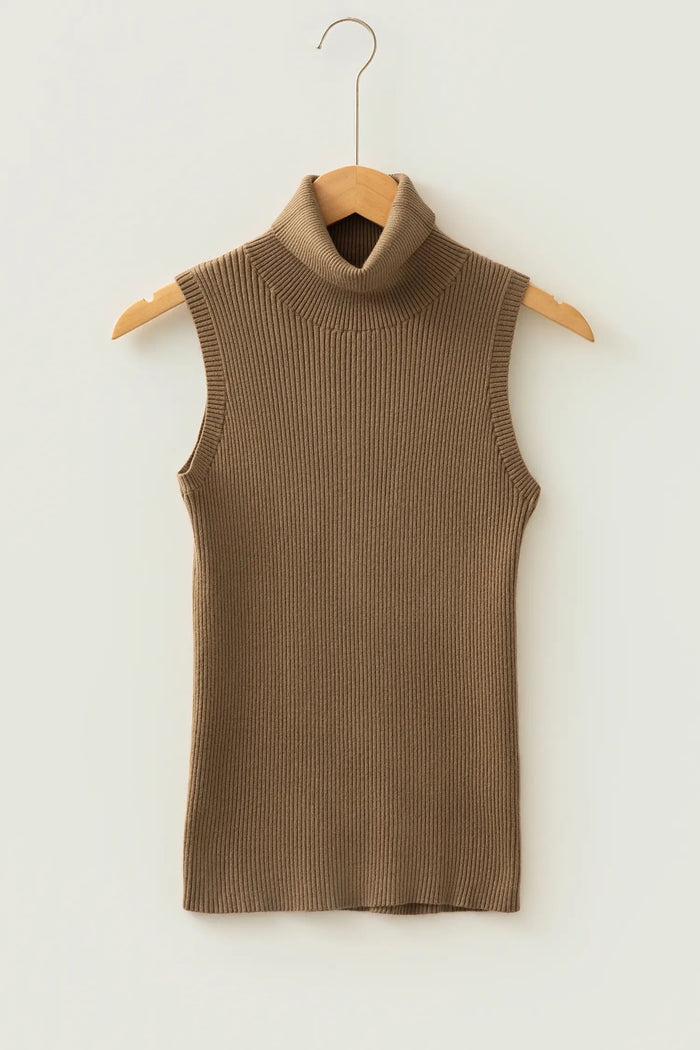 Western Ribbed Knit High Neck Sleeveless Waist Slim Fit Sweater Vest – Light French Beige