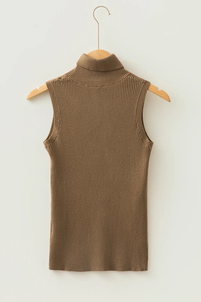 Western Ribbed Knit High Neck Sleeveless Waist Slim Fit Sweater Vest – Light French Beige