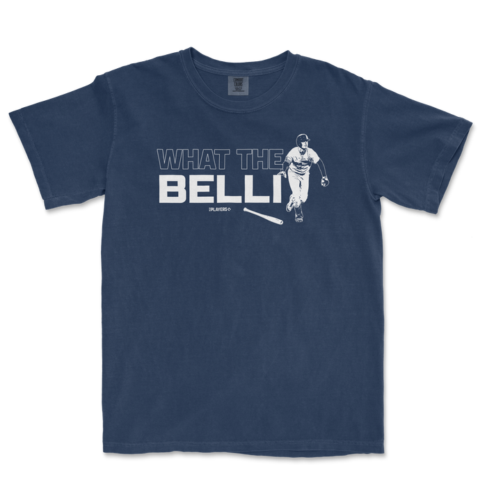 Navy blue t-shirt featuring the phrase "What the Belli" alongside a graphic of a baseball player swinging a bat.