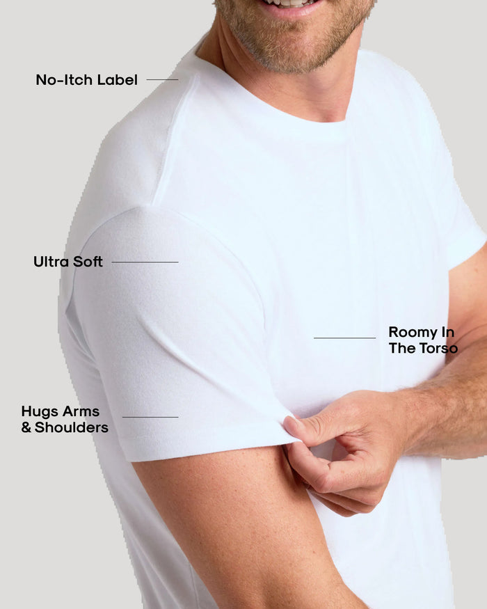 Man wearing All White Crew 10-Pack T-shirt with comfort features labeled.