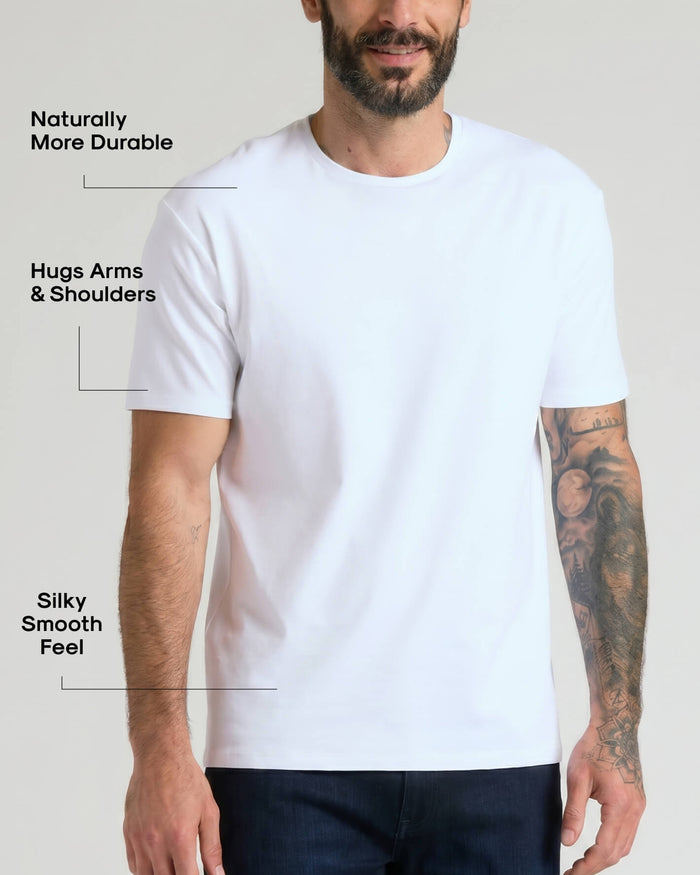 Man wearing a white White Pima Cotton Blend Crew shirt that fits comfortably, highlighting durability, a smooth silky feel, and a design that hugs arms and shoulders.