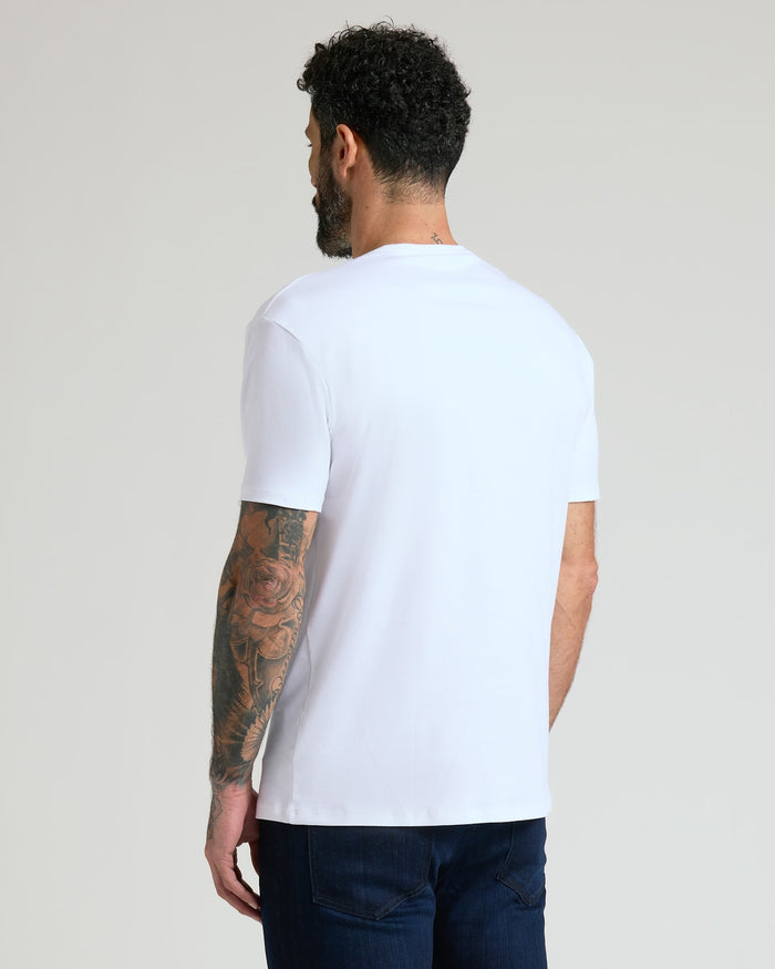 Man wearing a white Pima Cotton Blend Crew 2-Pack t-shirt viewed from the back, paired with dark denim jeans, showcasing a relaxed fit and soft fabric.