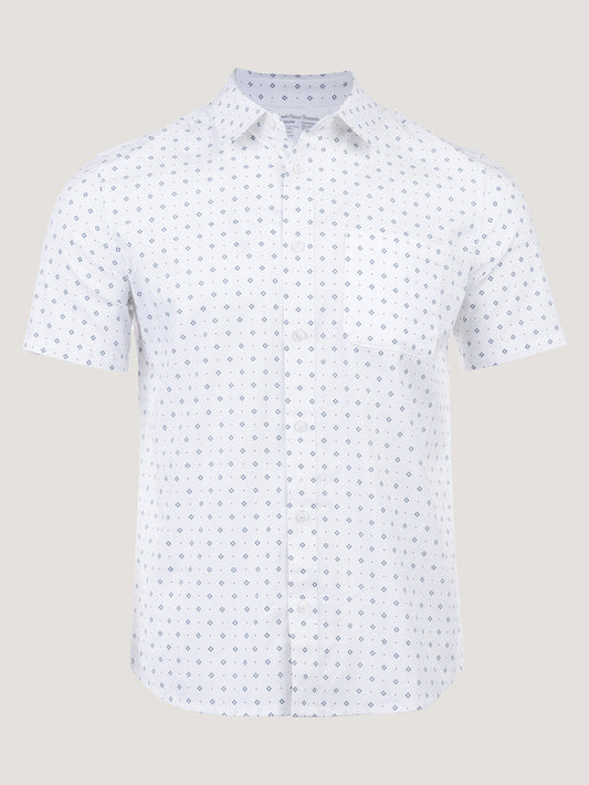 FCT Stretch Button Up in White Print, men's printed short sleeve button-up, front view