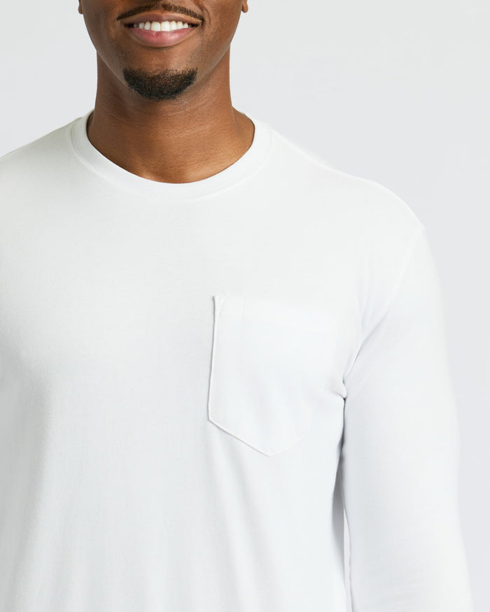 White Tall Heavyweight Long Sleeve Pocket Crew worn by a goateed man.