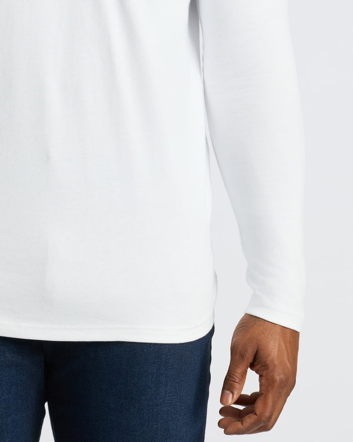 White Tall Heavyweight Long Sleeve Pocket Crew on dark blue pants.