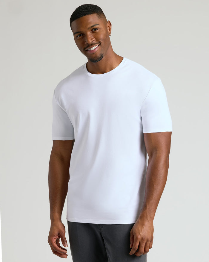 A smiling man wearing a clean white crew neck t-shirt, showcasing the Tall Pima Cotton Blend Crew 4-Pack as a comfortable and stylish men's basics essential.