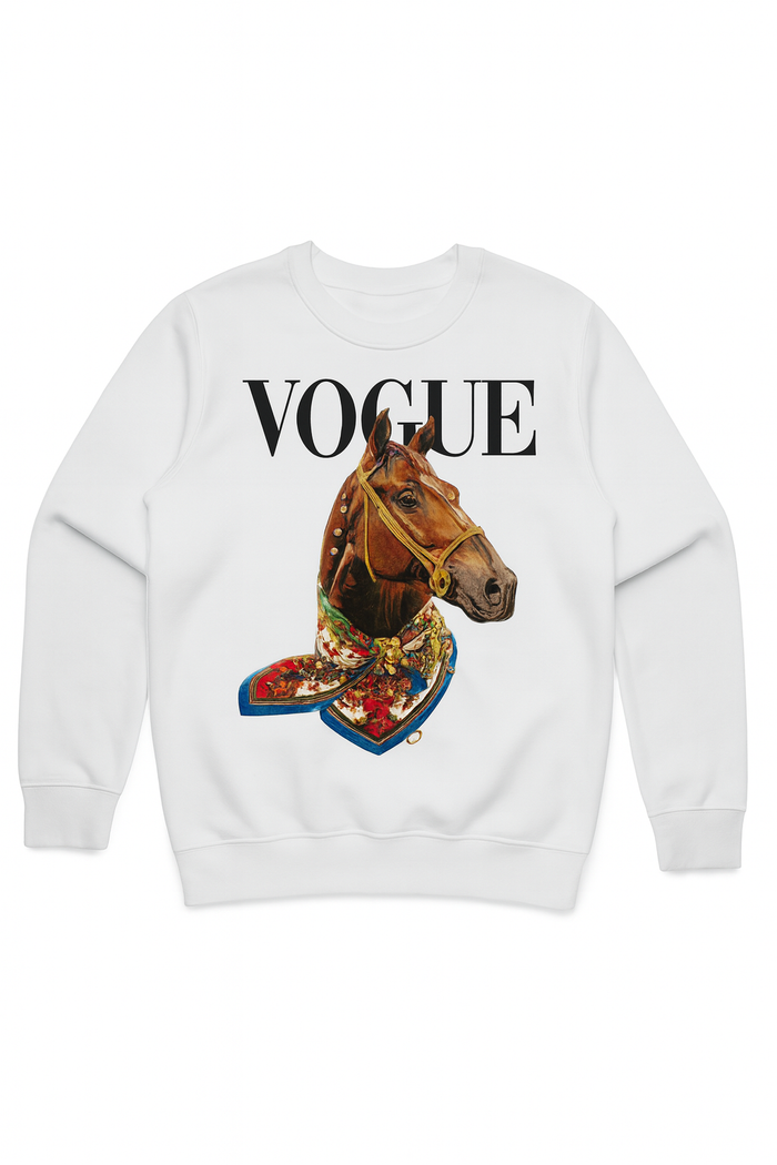 White crewneck graphic sweatshirt featuring bold black VOGUE lettering and an artistic horse motif with a colorful scarf detail.