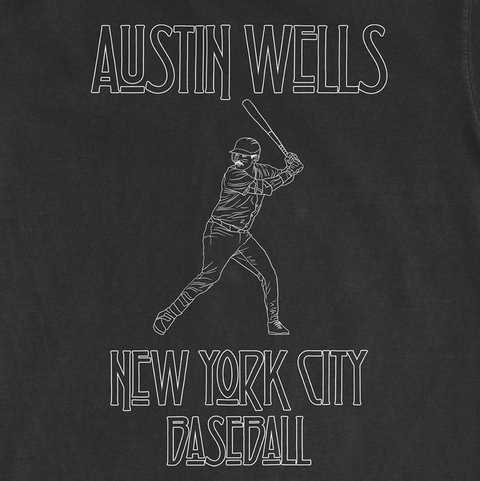 Line art of a baseball player swinging a bat, with "Austin Wells" and "New York City Baseball" text on a black background.