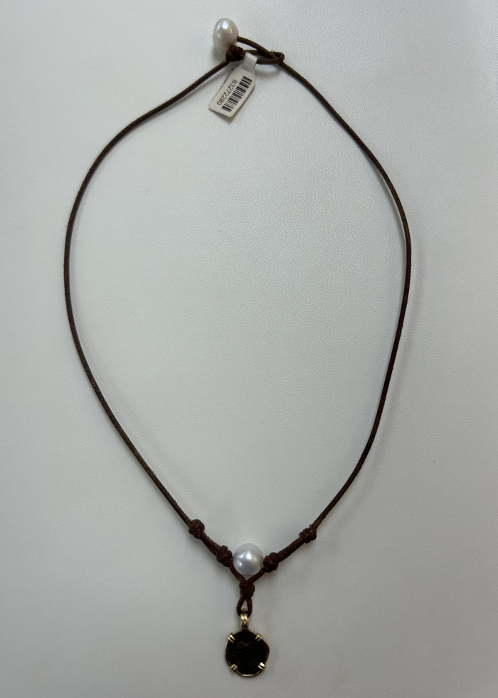 Brown leather necklace with a pearl and vintage coin
