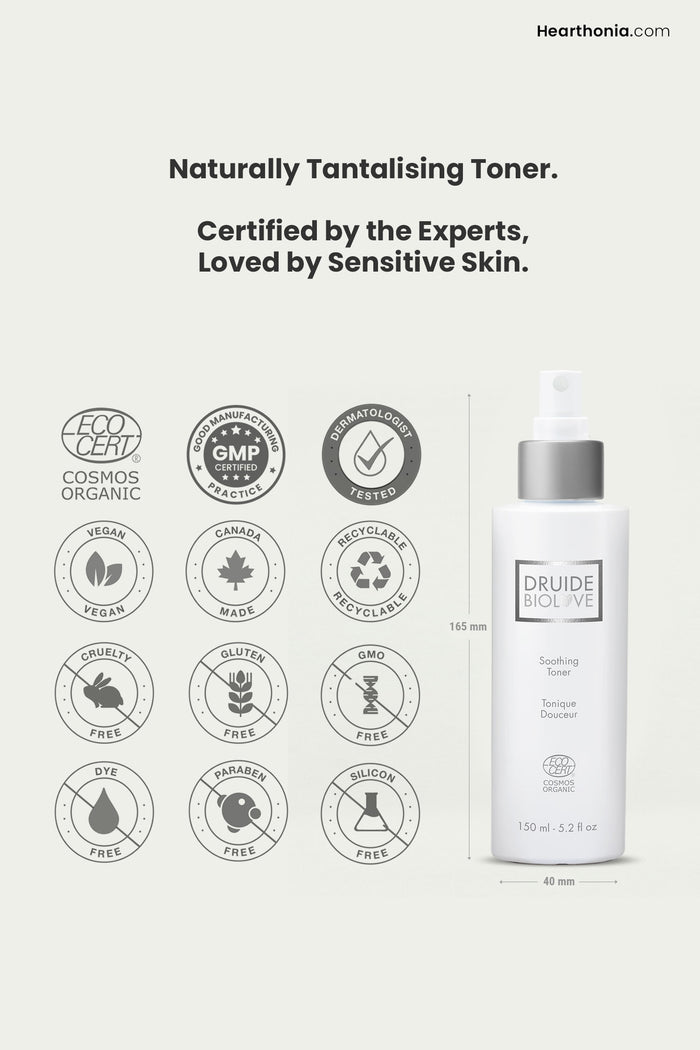 Druide Biolove Organic Witch Hazel Toner, in its white spray dispenser 165 mm high and 40 mm wide, along with several certification icons.