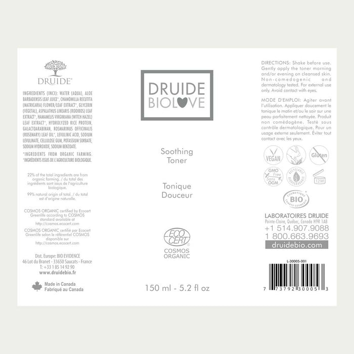 Druide Biolove Organic Witch Hazel Toner packaging label with product benefits, ingredients, certifications, and Canadian origin.