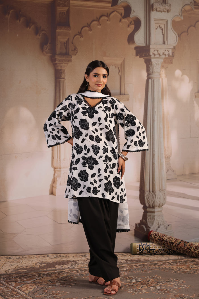 Women's Black and White Kurta With Salwar and Dupatta