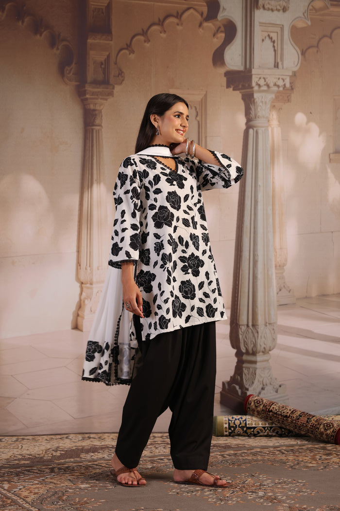 Women's Black and White Kurta With Salwar and Dupatta